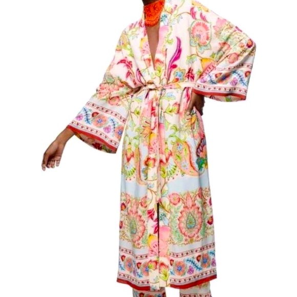 XS 🔖 Satin Colorful Boho Floral Printed Belted Kimono Duster Robe - Picture 4 of 9